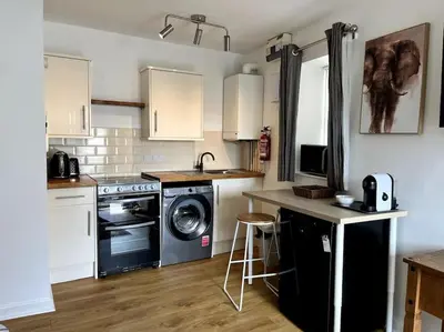 a kitchen with a stove and a dishwasher at Flat in the heart of Newquay in Newquay