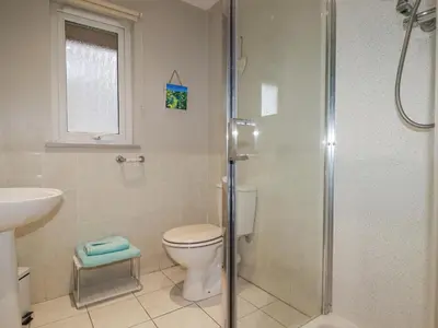 a bathroom with a shower and a toilet and a sink at Rainbow Lodge in Bodmin