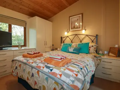 a bedroom with a large bed with blue pillows at 4 The Glade in Wadebridge
