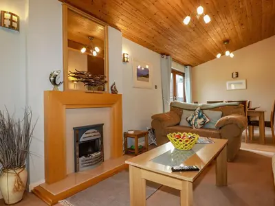 a living room with a fireplace and a couch at 4 The Glade in Wadebridge