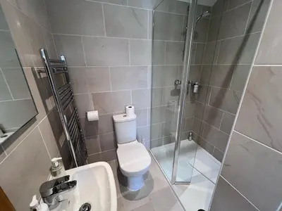 a bathroom with a shower and a toilet and a sink at Cottages at the Lugger in Portloe