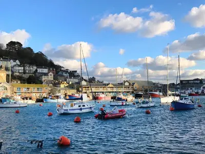 a group of boats in a harbor with houses at Jolly Sailor Inn in Looe