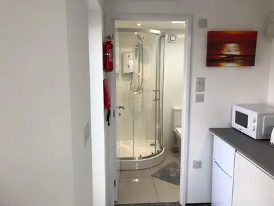 a bathroom with a shower and a microwave at Sunnyside Retreat in St Ives