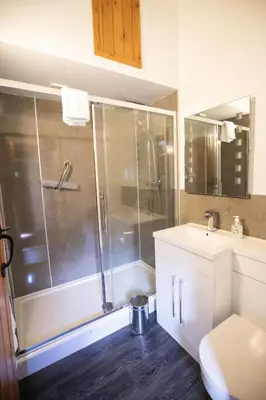 a bathroom with a shower and a sink at Treworgie Barton - Braddon in Bude