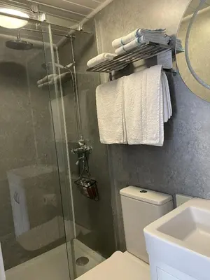a bathroom with a shower and a toilet and a sink at Little Mainstone Guest House in Looe