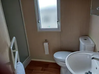 a bathroom with a toilet and a sink and a window at 20 in Trelaske