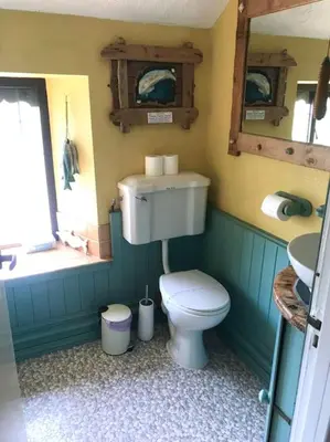 a bathroom with a white toilet and a sink at Malvern Cottage in Perranporth