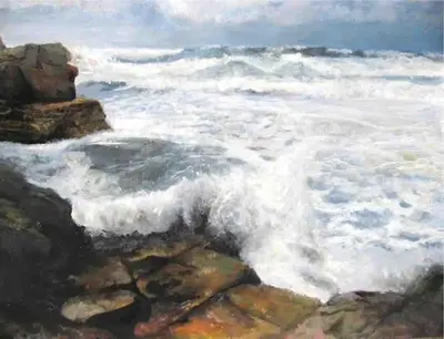 a painting of the ocean with waves crashing on the rocks at Malvern Cottage in Perranporth