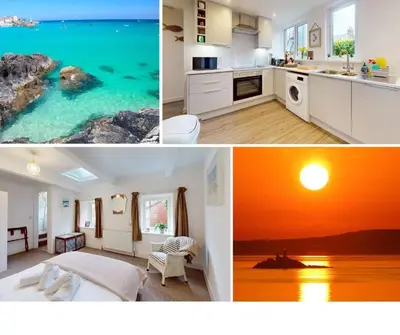 a collage of three pictures of a kitchen and bathroom at St Ives The Villa in St Ives