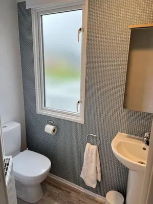 a bathroom with a toilet and a sink and a window at The Cornish hottub escape in St Austell