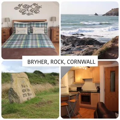 a collage of pictures of a bedroom and the beach at Bryher in Wadebridge