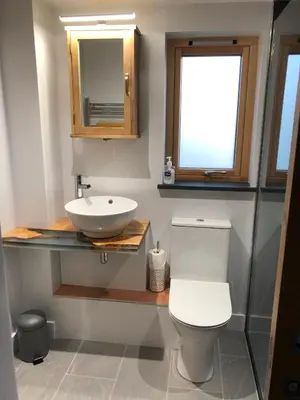 a bathroom with a white toilet and a sink at Apple Tree Barn - converted barn with meadow views in Helston