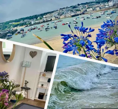 three pictures of a beach with boats in the water at Sandy Feet, St Eia Street. Cosy Cottage + Parking in St Ives