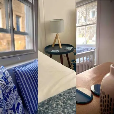 two images of a room with a table and a window at Sandy Feet, St Eia Street. Cosy Cottage + Parking in St Ives