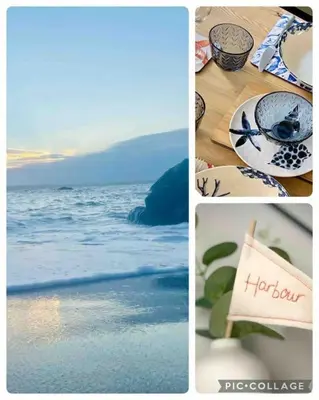 a collage of pictures of the ocean and a table at Sandy Feet, St Eia Street. Cosy Cottage + Parking in St Ives