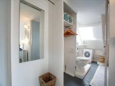 a bathroom with a white toilet and a mirror at Spa Cottage in Mevagissey