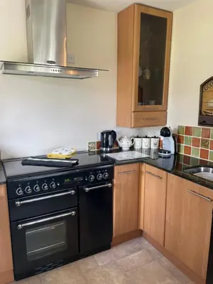 a kitchen with a black stove and a sink at Honeycomb Cottage - a quiet, charming, cosy retreat in the countryside only 2 miles from one of Cornwall's best beaches in Truro