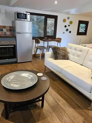a living room with a white couch and a table at Treetops Lodge, private Cornish hideaway, parking, garden in Truro