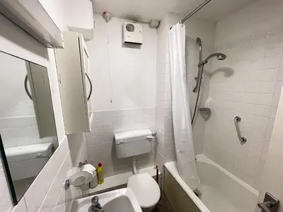 a bathroom with a toilet and a sink and a shower at 3 Redfern Court in St Ives
