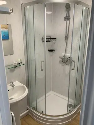 a bathroom with a shower and a sink at Green Apple Bed and Breakfast in St Ives