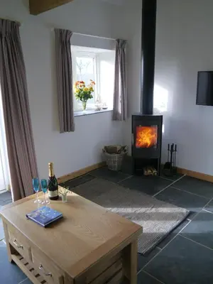 a living room with a table and a fireplace at Morvoren Cottage in Launceston