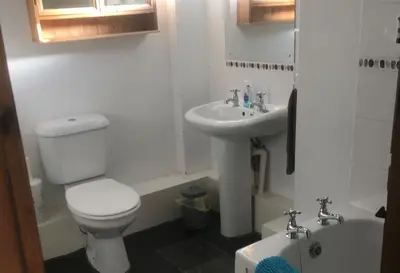 a bathroom with a toilet and a sink at Dozmary Cottage in Launceston