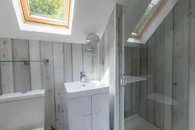 a bathroom with a sink and a shower and a mirror at 2 Bedrooms overlooking Little Petherick Creek in Little Petherick