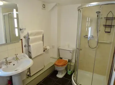 a bathroom with a toilet and a sink and a shower at The Piggery in St Austell