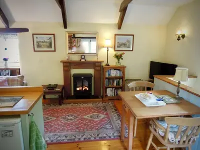 a living room with a fireplace and a table at The Granary in St Austell