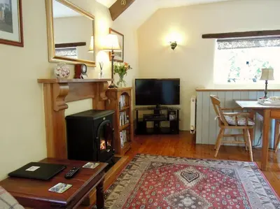 a living room with a fireplace and a television at The Granary in St Austell