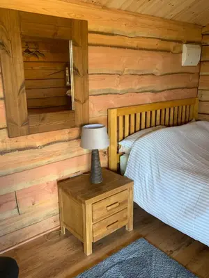 a bedroom with a bed and a lamp on a table at Brook lodge 2 in Liskeard