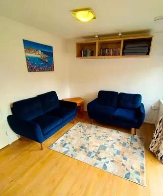 a living room with two blue couches and a rug at Woodland View - Families & Pets in Uny Lelant
