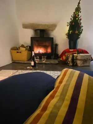 a living room with a fireplace and a bed with a blanket at Cosy Barn A rural location near Tintagel in Tintagel