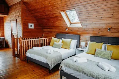 a bedroom with two beds and a skylight at Finlodge- Pet-Friendly Scandinavian Cabin in Callington