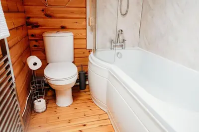 a bathroom with a toilet and a bath tub at Finlodge- Pet-Friendly Scandinavian Cabin in Callington