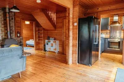 a kitchen with a refrigerator in a wooden room at Finlodge- Pet-Friendly Scandinavian Cabin in Callington