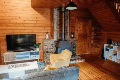 a living room with a fireplace and a television at Finlodge- Pet-Friendly Scandinavian Cabin in Callington