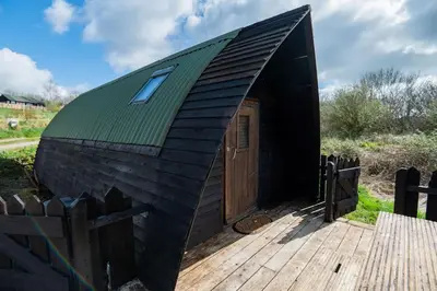 a black igloo house with a green roof at Robin Nest - Cosy Shepherd's Hut Hideaway in Callington