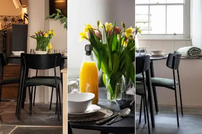 three different views of a kitchen and a table with flowers at The Shambles in Port Isaac