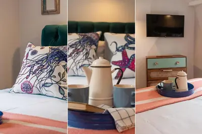 three pictures of a bedroom with a bed and a tv at The Shambles in Port Isaac