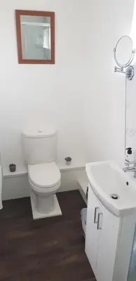 a white bathroom with a toilet and a sink at Self contained annex in Bodmin