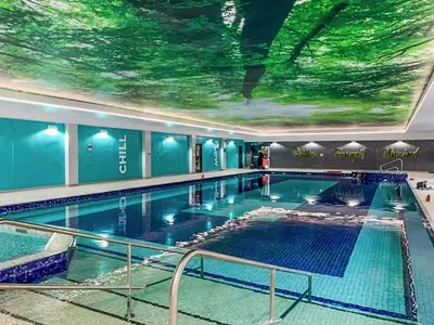 a large indoor swimming pool with a large painting on the ceiling at Halcyons Rest in Saint Tudy