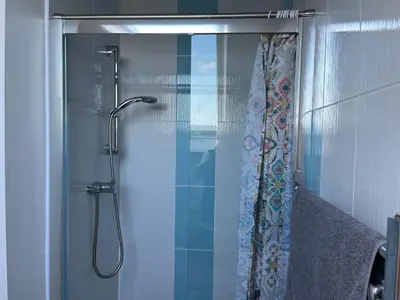 a shower with a glass door with a shower curtain at Sunnyridge Cottage, Porthcothan Bay in Saint Ervan