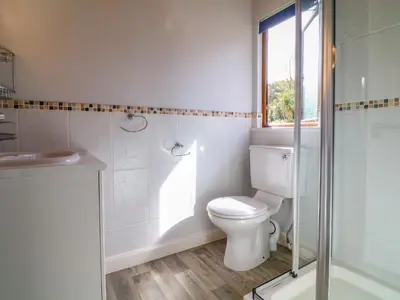 a white bathroom with a toilet and a shower at 3 The Glade in Wadebridge