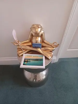 a statue of a frog sitting on top of a table at The Rookery in St Ives