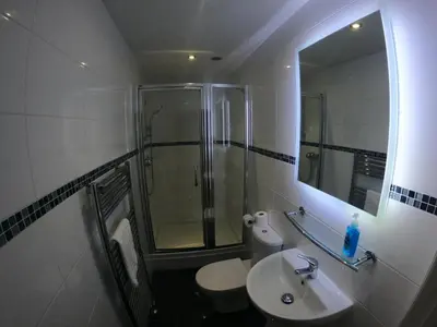 a bathroom with a shower and a sink and a toilet at Gwel-an-Tansys in St. Agnes
