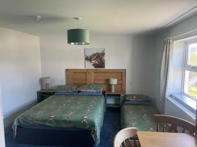 a bedroom with a bed and a table and chairs at Highermead House in Camelford