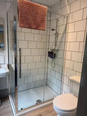 a bathroom with a shower with a toilet and a sink at Highermead House in Camelford