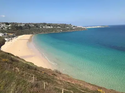 a view of a beach and the ocean at Fairfield Apartment in St Ives