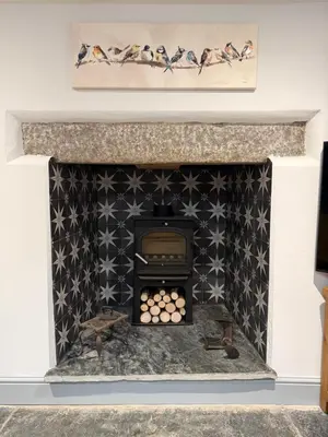 a fireplace with a black and white patterned at Tregue Cottage in Camelford